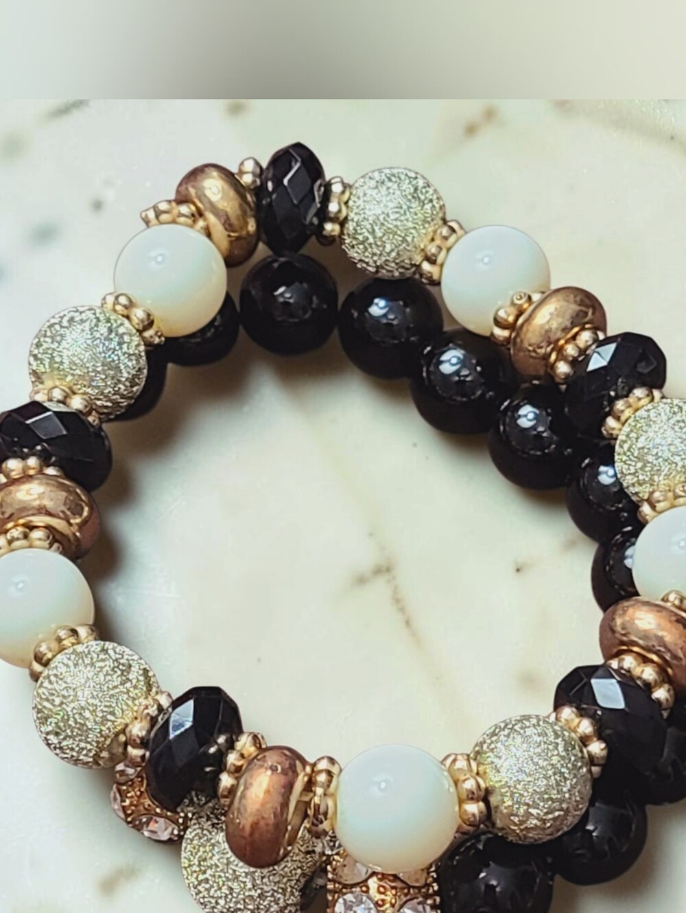 Elegant Black, Gold and Cream Beaded Stretch Bracelet